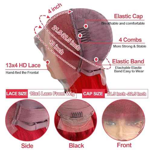 Red Bob Wigs Human Hair Red 13X4 Bob Lace Frontal Wigs Human Hair for Black Women180% Density Wear and Go Glueless Wig Blunt Cut Straight Short Bob Wigs Pre Plucked With Baby Hair 10 Inch