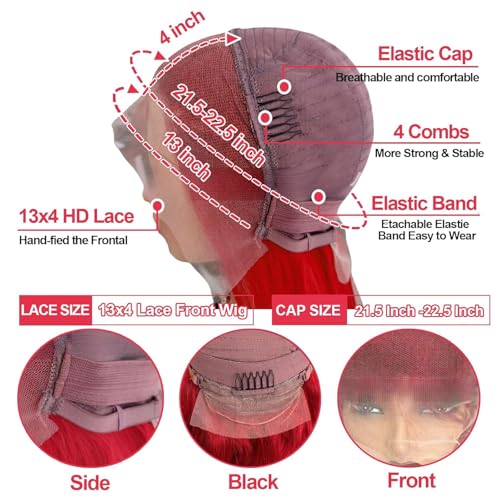 Red Bob Wigs Human Hair Pre Plucked Red Lace Front Wigs Human Hair for Black Women 180% Density Wear and Go Glueless 13x4 HD Transparent Lace Frontal Straight Short Bob Wigs 8 Inch