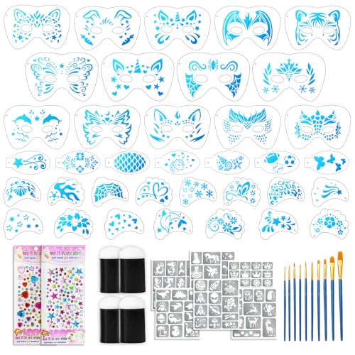 Face Paint Stencil Kit - 58 Piece Set with Brushes & Gems