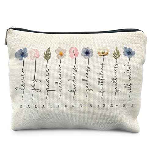 Christian Gifts Makeup Bag, Floral Christian Cosmetic Bags for Women, Galatians 5:22-23 Bible Verse Makeup Pouch, Faith Based Gifts Zipper Pouch