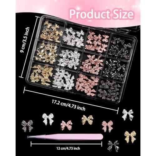 120 Pcs Alloy Bow Nail Charms and Gems, Silver Gold Black Bowknot Metal Nail Art Charms, Shiny Luxury Cute Bow Nail Jewelry for Nails Design Manicure Accessories