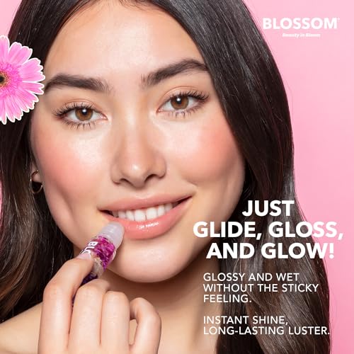 Blossom Roll on Lip Gloss, Scented Clear High Shine Moisturizing Lip Oil, Non Sticky, Infused with Real Flowers, Made in USA, 0.3 fl. oz./9ml, 3 pack Mini Gift Set, Strawberry, Watermelon, Mango
