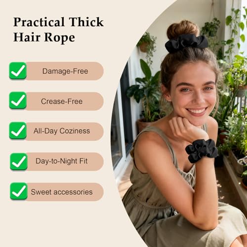 Large Black Satin Scrunchies for Women - 8PCS Frizz-Free Hair Ties
