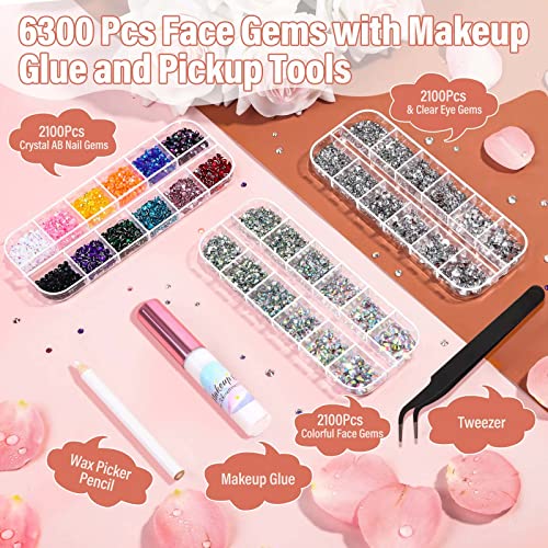 6300Pcs Face Gems with Rhinestones Face Glue for SFX Makeup, Eye Gems Flat Back Rhinestones Hair Crystal Makeup Gems with Skin Glue Spirit Adhesive for Eye Jewels Hair Costume Cosplay