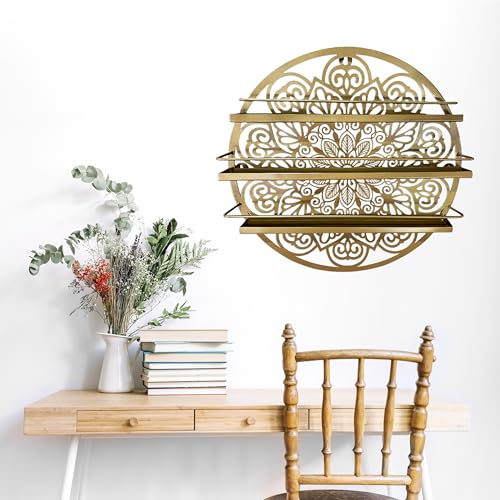Mandala Shape Shelves, Essential Oil & Nail Polish Organizer - Display Holder Storage Shelf Spice Rack - Black or Gold - Wall Mounted Round Oil Bottle Storage, Cosmetics Display Rack (Gold)