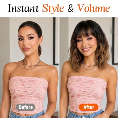 Ombre Brown Wavy Bob Wig with Bangs - 16 Inch