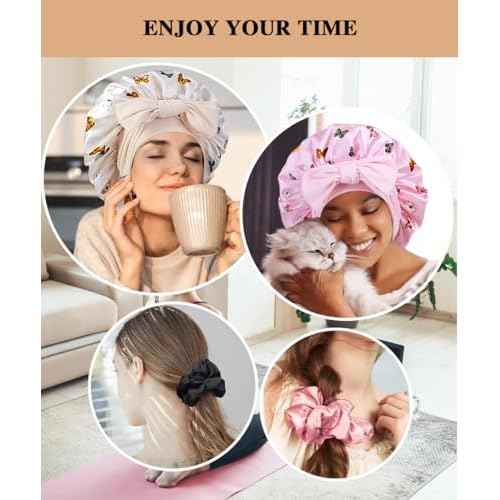 2+3 Large Satin Bonnets with Scrunchies for Women, Hair Bonnet Sleeping Tie Bonnet for Braids Curly Hair