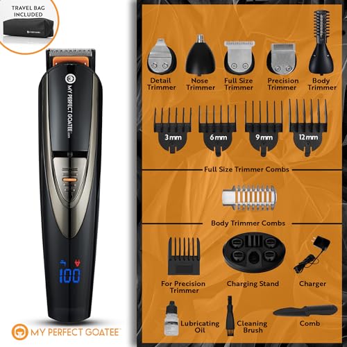 My Perfect Goatee¢ç? 13-in-1 Mens Grooming Kit - LED Display Beard Trimming Kit with Travel Bag, Charging Stand, & More - Waterproof, Cordless Electric Trimmer for Nose, Body, & More ? Ideal Gift Set