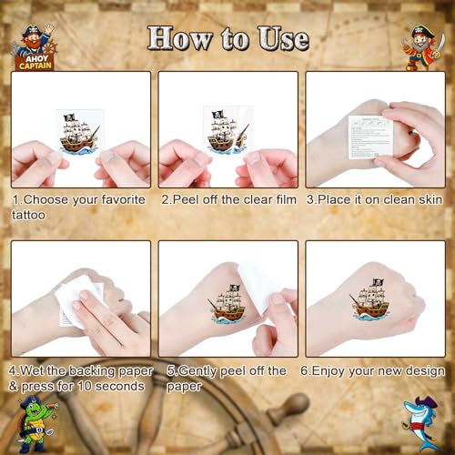 Pirate Temporary Tattoos for Kids, 100 Pack 2x2"