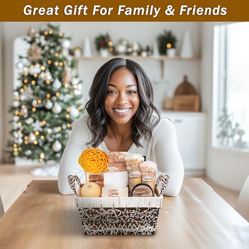 Spa Baskets For Women - Luxury Bath Set With Honey & Almond - Spa Kit Includes Wash, Bubble Bath, Lotion, Bath Salts, Body Scrub, Hand Cream, Shower Puff, Bathbombs, Soap and Towel
