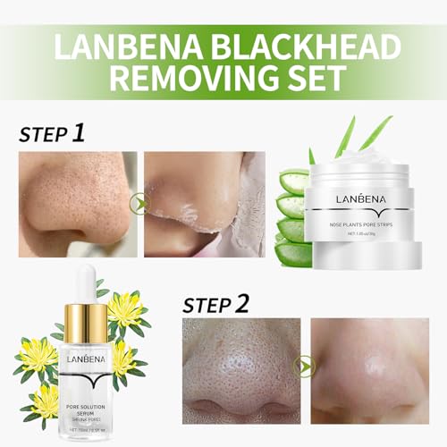 LANBENA 3 in 1 Blackhead Removing Set, Pore Strips+Pore Solution Serum+Removal Strip Paper, Black Head Remover Mask for Face, Pore Minimizer & Reducer for Face, Leaving Your Skin Fresh and Clean