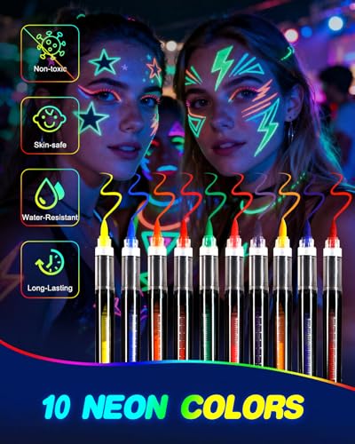 UV Glow Face Paint Markers - 10 Neon Colors, Waterproof