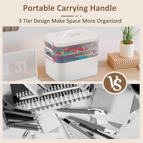 White 3-Layer Plastic Craft Organizer Box with Removable Trays, Handle, 10.6x7.6x9 in