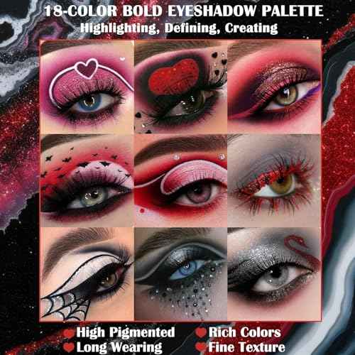 Black Red Goth Smokey Eyeshadow Palette Makeup-18 Colors Gray Silver Pink Burgundy Matte Shimmer Metallic Dark Eye Shadow Pallet for Christmas Halloween Clown Vampire Joker SFX Cosplay Costume Make Up