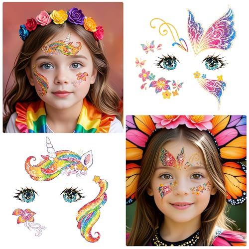Glitter Face Tattoos for Kids - 24 Sheets, Waterproof