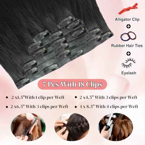 Seamless Clip in Hair Extensions Real Human Hair For Women 125g 20 Inch Jet Black Invisible PU Skin Weft Remy Human Hair Extensions clip ins 7Pcs 18 Clips