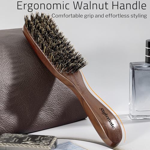 Boar Bristle Hair Brush for Men, Mens Slick Back Hair Brush with Stiff Bristles & Wooden Walnut Handle for Thick & Fine Hair Smoothing, Detangling, Styling, Beard Straightens