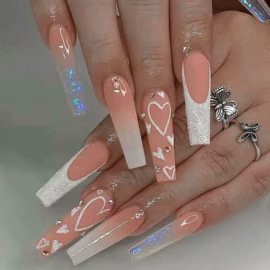 Yivaiks 24 Pcs French Nude Pink Press on Nails Long Coffin Nails,Flash Diamond Crystal Fake Nails,Rhinestone Sequins with Nail Glue on Nails for Women and Girls