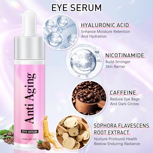 5% Caffeine Eye Cream Eye Serum Kit for Dark Circles Under Eye Treatment Eye Cream Anti Aging For Puffiness Bags And Wrinkles Eye Serum & Eye Roller 2 Fl Oz