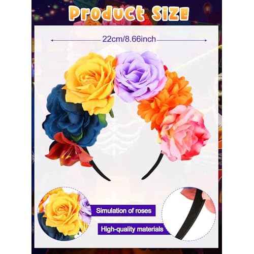 Zeyune Mexican Flower Headband Fiesta Rose Flower Crown Costume Mexican Headpiece for Women Party Cosplay Halloween(Bright Color,8 Pcs)