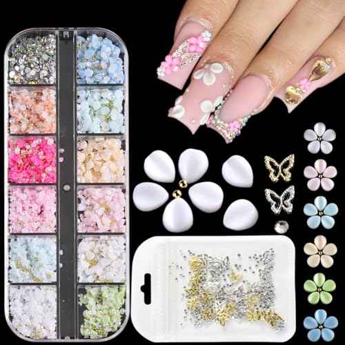 Flower Nail Charms, 3D Acrylic Flowers Petals Colorful Floral Nail Gems Gold Silver Butterfly Charms Tiny Caviar Beads Pearl Rhinestones Manicure Decoration
