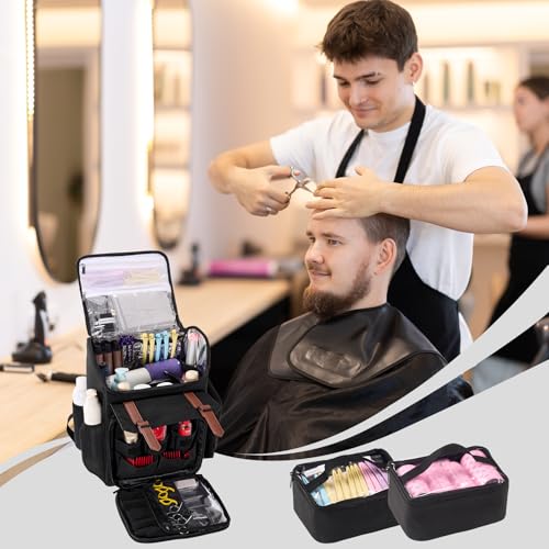 Hautton Traveling Barber Bag, Large Capacity Travel Hairdresser Case with Shoulder Strap Hairstylist Cosmetology Backpack for Hair Cutting Tools Barber Essential Supplies -Black