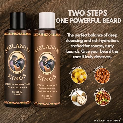 Melanin Kings Beard Wash & Conditioner Set for Black Men ? Gently Cleanse, Hydrate & Soften Coarse, Dry and Curly Beards ? African Oil Blend with Baobab, Marula, Argan & Jojoba