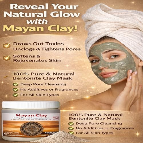 Mayan Pure Indian Healing Clay Powder, Deep Pore Skin Cleansing, Body and Hair Mask, Natural Calcium Bentonite Clay