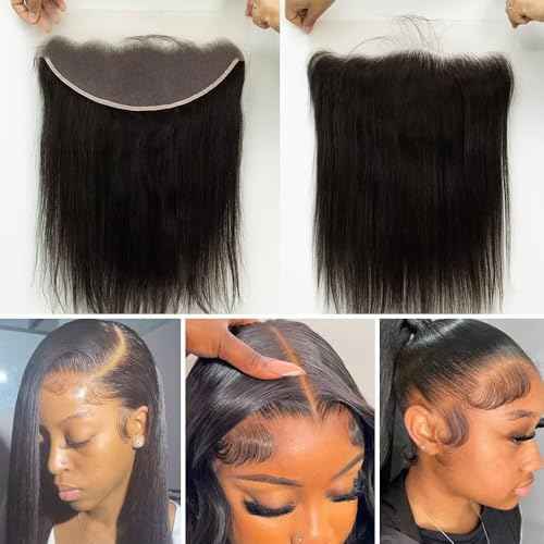 13x4 Lace Frontal, 0.12mm Ultra-Thin Transparent Swiss HD Lace Pre Plucked with Baby Hair Silk Soft Straight 12A Brazilian Virgin Human Hair Frontal Closure Free Part Single Knots 12 Inch