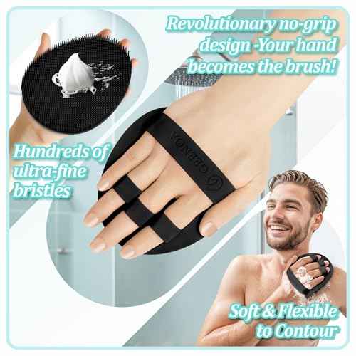 Silicone Back Scrubber & Bath Glove Set 2PCS, 13.4'' Gentle Shower Back Scrubber with Dual-Side Head Non-Slip Handle, 360¡Æ Anti-Slip Hand-fit Bath Glove for Rich Foaming Deep Cleaning(Black)