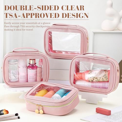 Kigeli 4 Pcs Clear Makeup Bags for Car Essential, Waterproof Clear Travel Toiletry Organizer Leather Makeup Bags with Handle Zipper, Small Cosmetic Pouch Set for Women Car Gift(Pink)