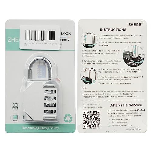 ZHEGE Combination Lock Outdoor, 4 Digit Re-settable Padlock for Gym, School, Fence, Employee Locker (Sliver)