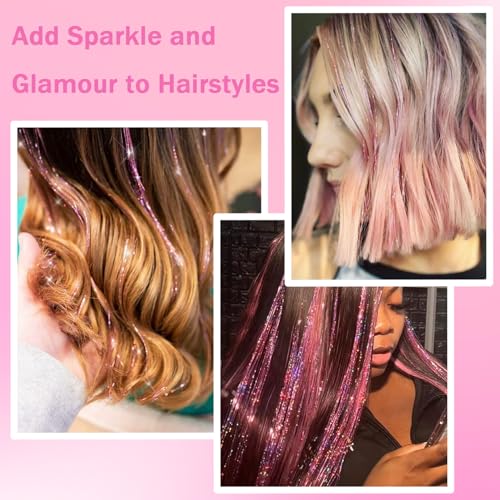 NIACONN Pink Glitter Hair Tinsel Extensions Kit - 18 Strands, 48 Inch
