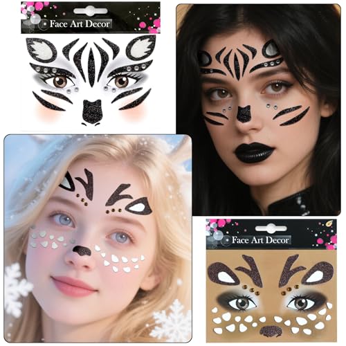Halloween Face Tattoo Stickers - Leopard, Cat, Elk, Zebra (4 Pack)
