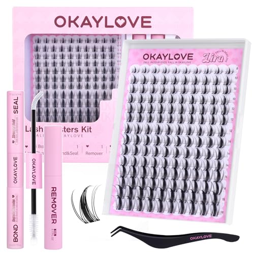 OKAYLOVE Manga Lash Clusters with Spikes, LIRA 8-18mm DIY Cluster Eyelash Extensions Kit, 140pcs CC Curl Clear Band Individual Lashes with Lash Bond and Seal, Remover, Lash Tweezers