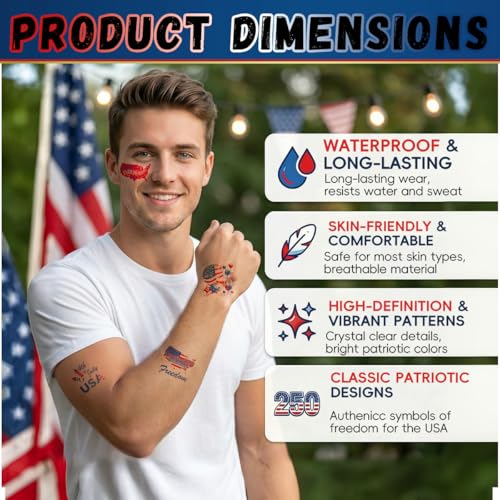4th of July Temporary Tattoos - 96 Waterproof Patriotic Designs