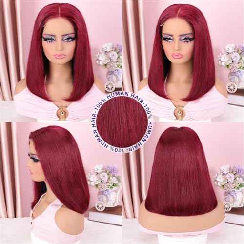 Burgundy 5x5 HD Lace Closure Bob Wig Human Hair Glueless Wear and Go Wigs for Black Women 200 Density Virgin Hair Pre Cut Pre Plucked Bleached Knots Glueless Wig 14 Inch 99J Free Part Bob