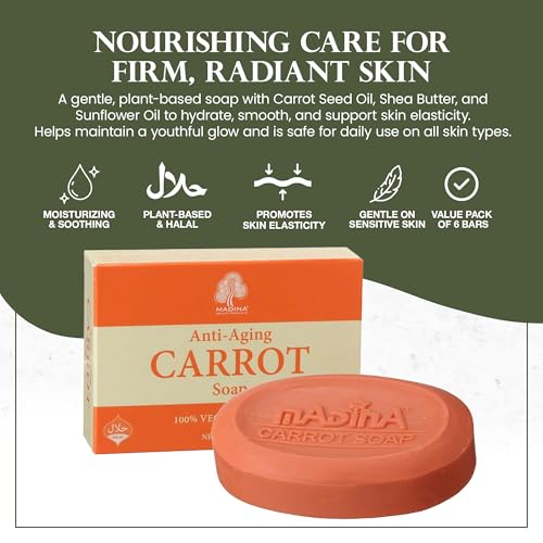 Madina Carrot Soap Bar ? Carrot Seed Oil & Shea Butter, Moisturizing, Anti-Aging, Skin Tone & Elasticity, Vegetable-Based, Halal, Gentle Cleanser, 6 Pack (3.5 oz Each)