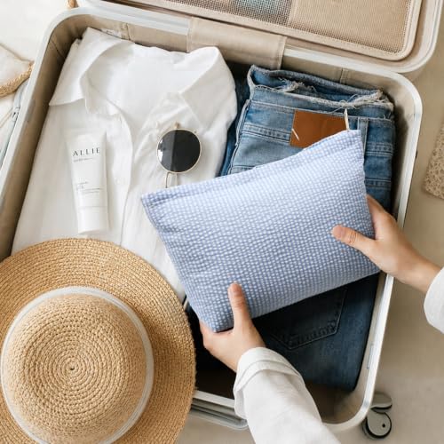Blue 8-Piece Seersucker Makeup Bag Set for Women - Organizer Pouches