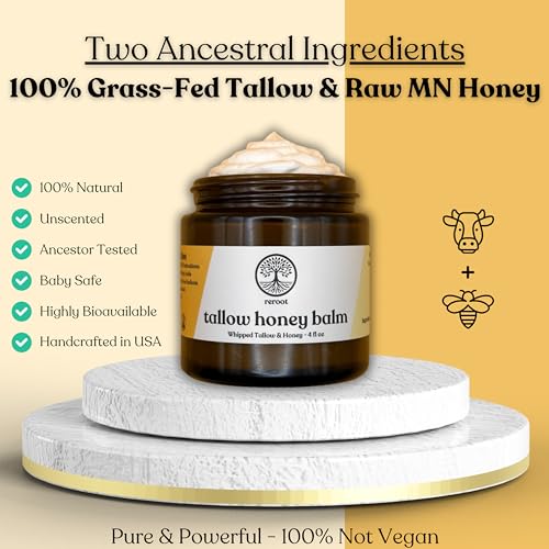 Beef Tallow Balm for Skin -2 Ingredients- Grass-Fed Grass-Finished Beef Tallow & Raw Honey for Skin - Unscented Beef Tallow Honey Balm for Face & Body - Sensitive Dry Skin Eczema Psoriasis Rosacea