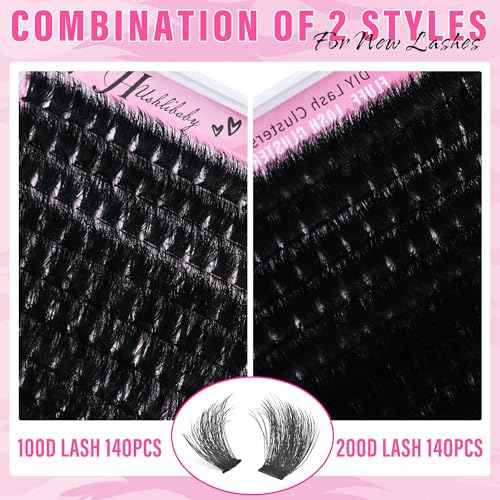 Lash Clusters 100D+200D Mega Thick Lashes Clusters 12-22mm Wispy Individual Thick Volume Lashes Cluster Eyelash Extensions 280Pcs DIY Lash Extension at Home, by Hushlibaby(Plant Fiber)