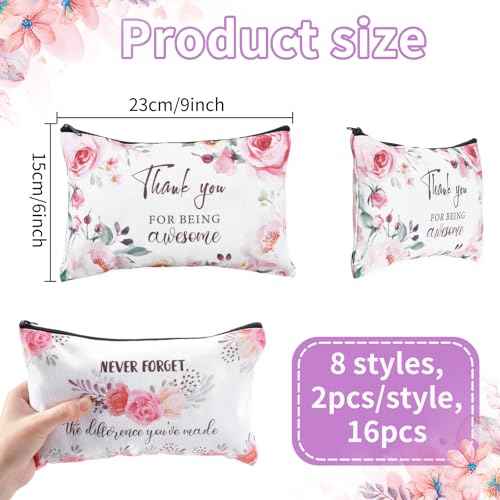 16PCS Canvas Cosmetic Bags Bulk Inspirational Quotes Makeup Bags for Women Encouragement Travel Pouch with Zipper Flower Cosmetic Pouch for Christmas Friendgiving Friend Gifts