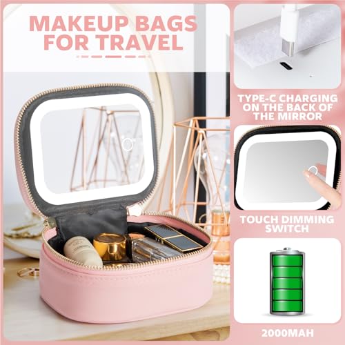 LED Makeup Bag with Mirror, 3 Light Modes Travel Cosmetic Organizer