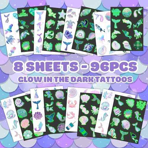 96PCS Mermaid Pre-Cut Temporary Tattoos for Kids - Cute Under the Sea Party Favors, Perfect for Ocean Mermaid-Themed Birthdays, School Rewards, and Baby Showers (Glow in the Dark)