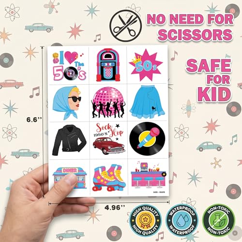 96 PCS 1950s Temporary Tattoos for Kids | Retro Diner Theme