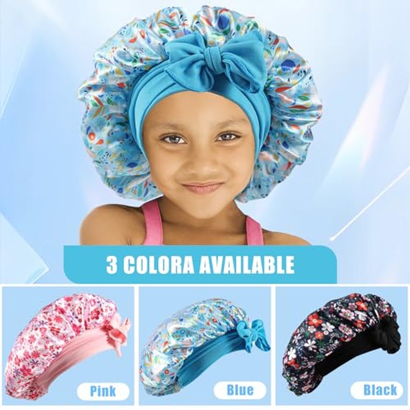 3 Pcs Kids Satin Bonnet,Soft Silk Bonnet for Kids,Kids Hair Satin Bonnet for Sleeping with Elastic Wide Band,Colorful Night Hats for Girls Toddler Teens Natural Hair(3 Colors)