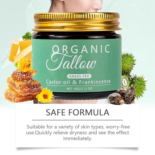 Organic Tallow Balm with Castor Oil & Frankincense for Natural Skincare & Moisturizing, Tallow Cream Castor Oil and Frankincense