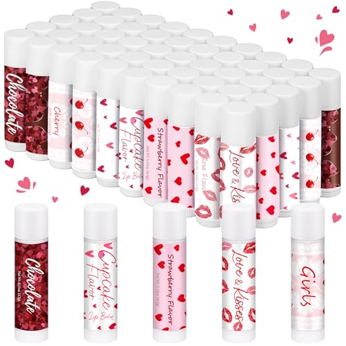 50 Pack Valentine's Lip Balms Gifts Bulk for Women Galentine's Day Party Supplies Basket Stuffers Heart Moisturizing Lip Balm Gifts for Her Teachers Staff Coworkers (Pink)