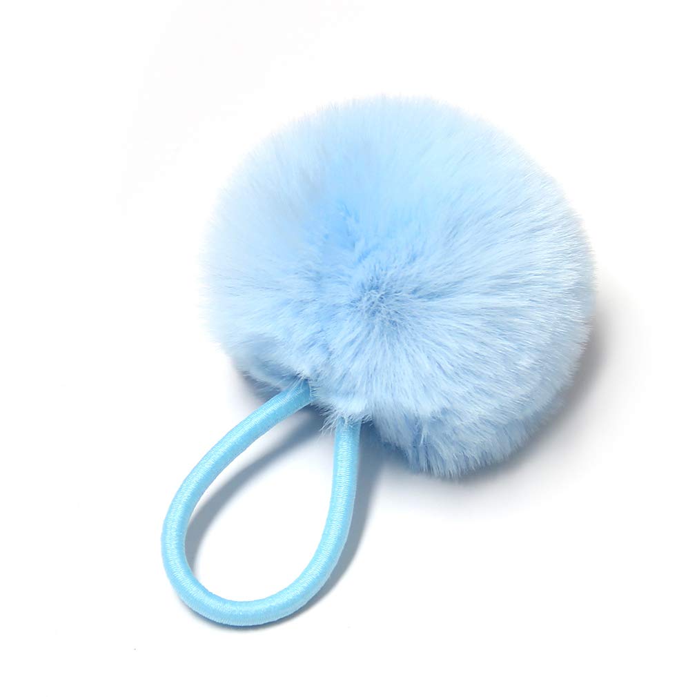 SUSULU Furry Hair Elastic Bands Faux Rabbit Fur Pompom Hair Ties Scrunchies for Women, Rubber Band with 5cm Ball Ponytail Holder Accessories Pack of 12pcs (Light Blue)