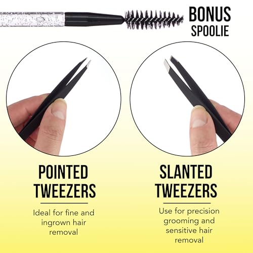 3pc Black Tweezer Set & Glitter Spoolie - Hair Removal Tweezers,Angled and Pointed Tweezer Set, Precision Tweezers & Eyelash Spoolie Set
